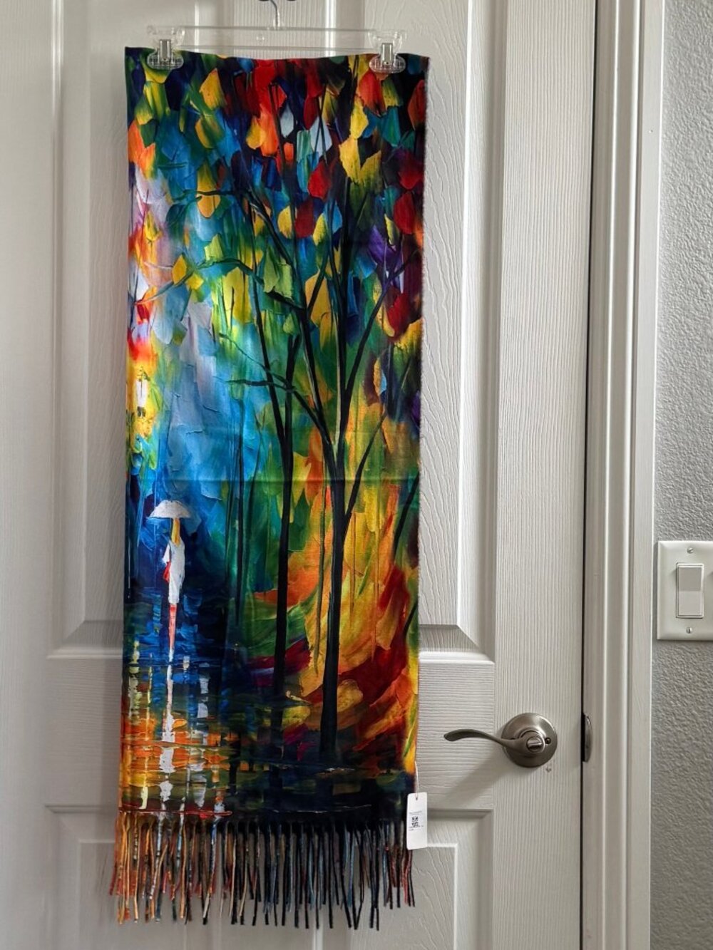 Impressionist Scarf Wrap Fringed 28"x70" Watercolor "Walk In Rain" Parisian NWT